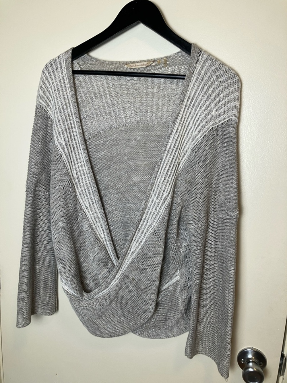 Soft Surroundings Linen Blend‎ Grey Knit Cross Front Sweater Size XL Boho Chic